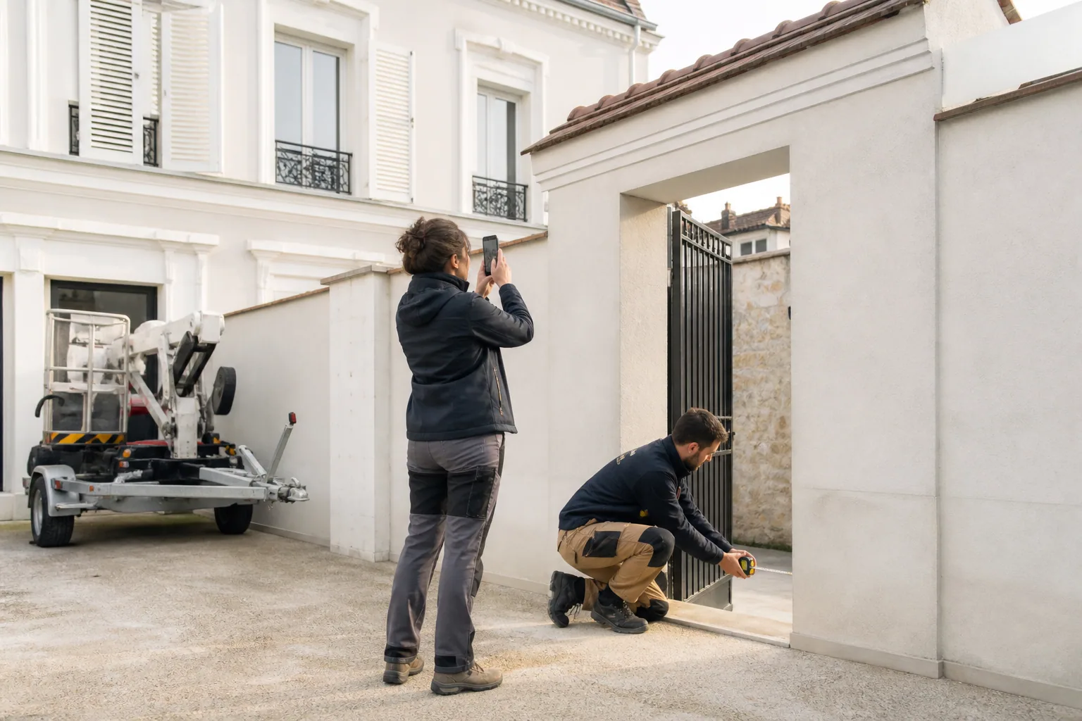 Deux professionnels photographient une façade et mesurent la largeur d’un portail avant de demander un devis.