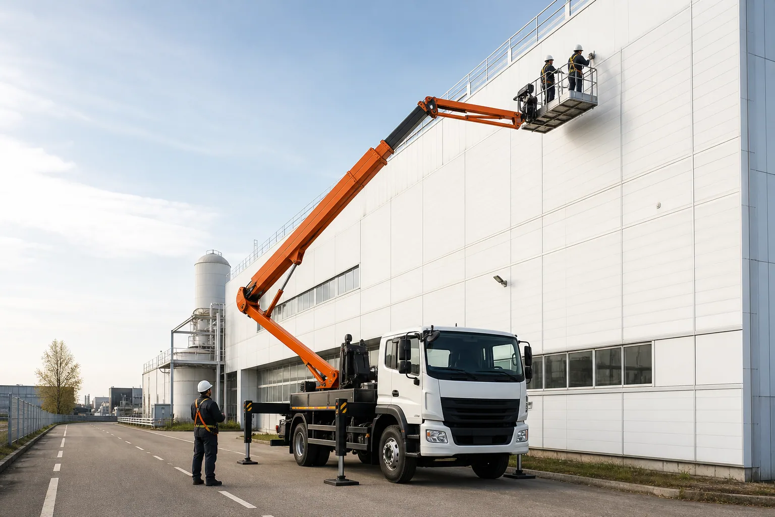 Un camion nacelle déploie son long bras vers la façade d’un bâtiment industriel où travaillent deux techniciens.