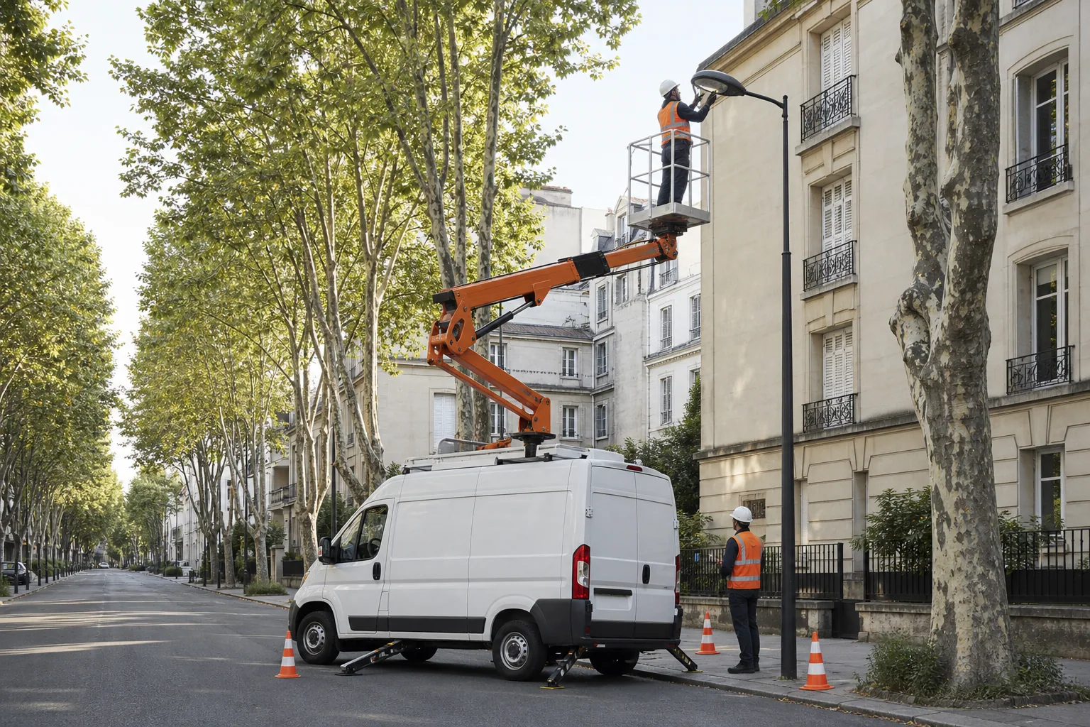 Un fourgon nacelle stabilisé dans une rue française permet à un technicien d’intervenir sur un lampadaire.