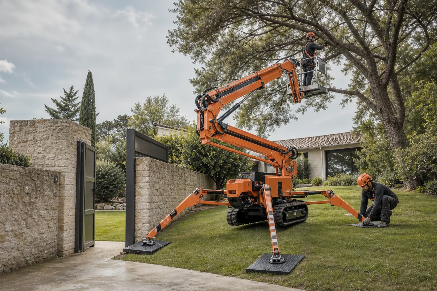 Une nacelle araignée sur chenilles, stabilisée sur une pelouse, élève un arboriste dans un jardin accessible par un portail étroit.