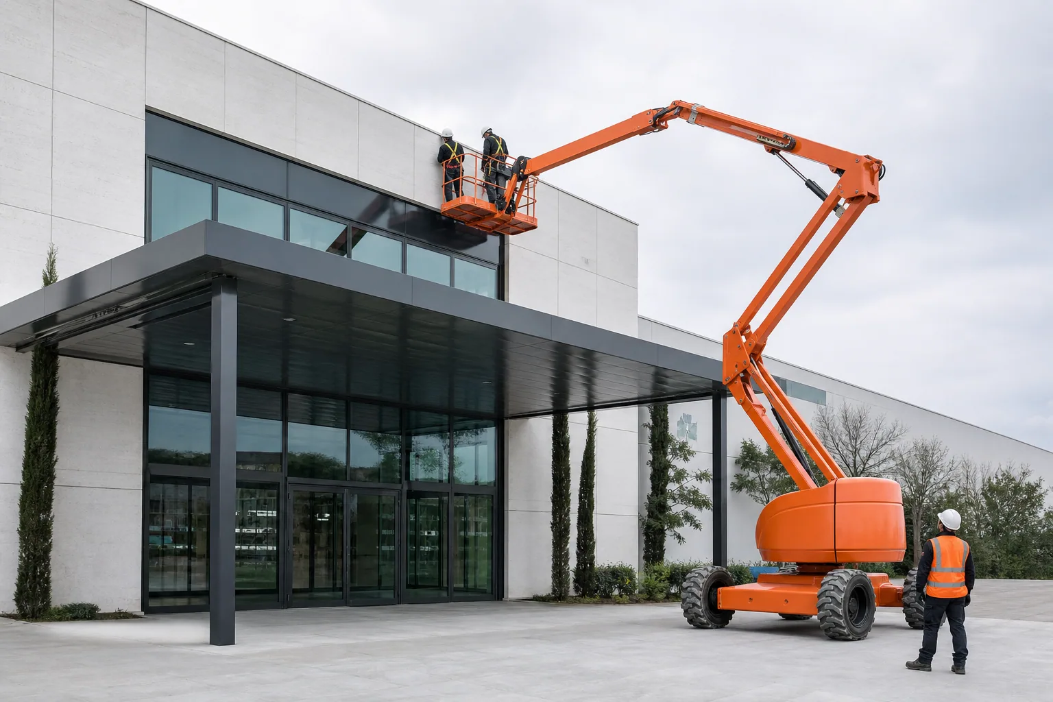 Une nacelle articulée franchit un auvent pour placer deux techniciens devant la façade supérieure d’un bâtiment.