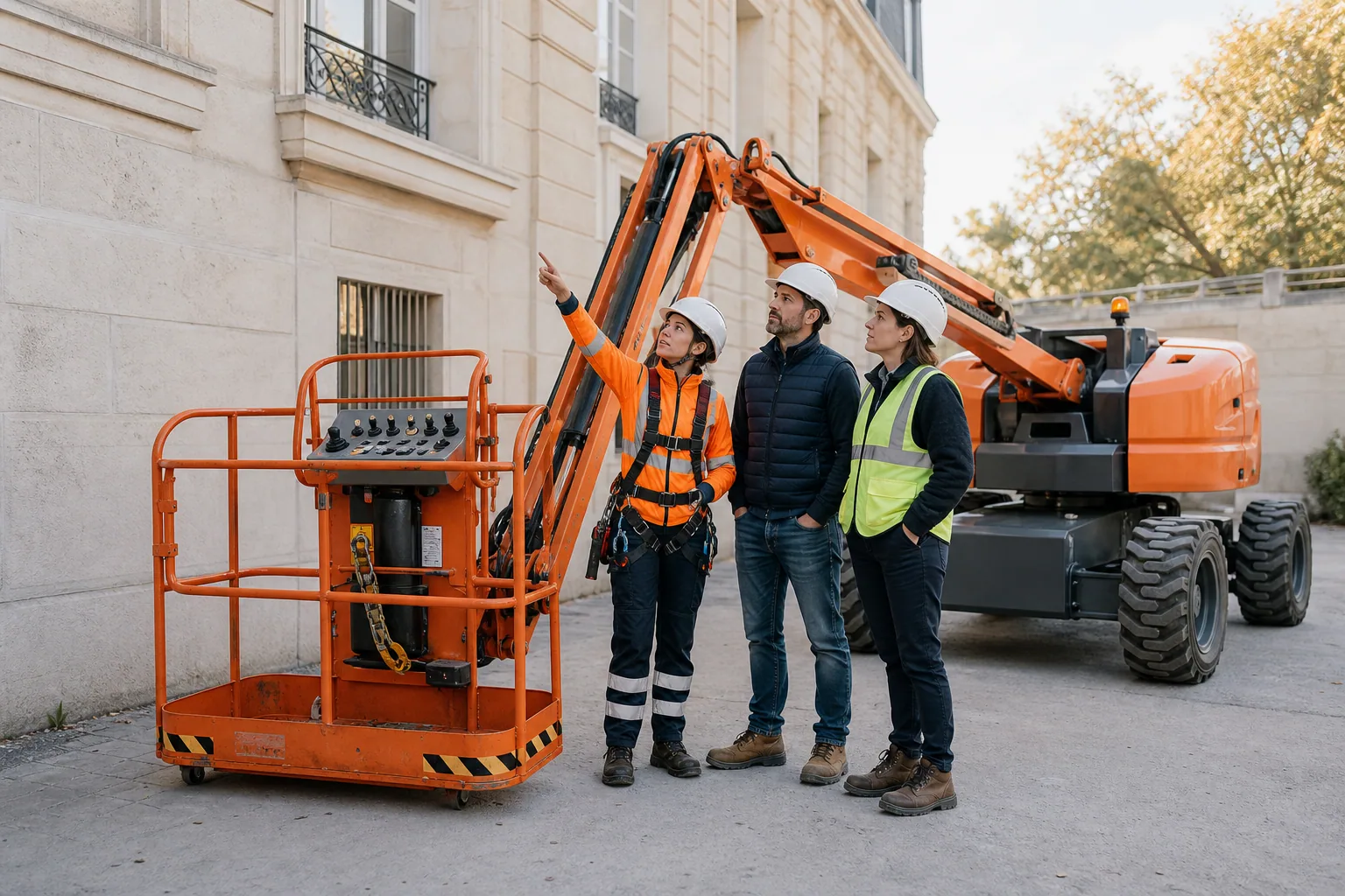 Une opératrice de nacelle explique le plan d’intervention à un client et à une responsable de chantier.