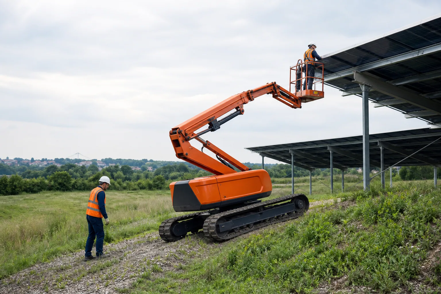 Une nacelle sur chenilles gravit un terrain irrégulier pour atteindre le bord d’un auvent photovoltaïque.