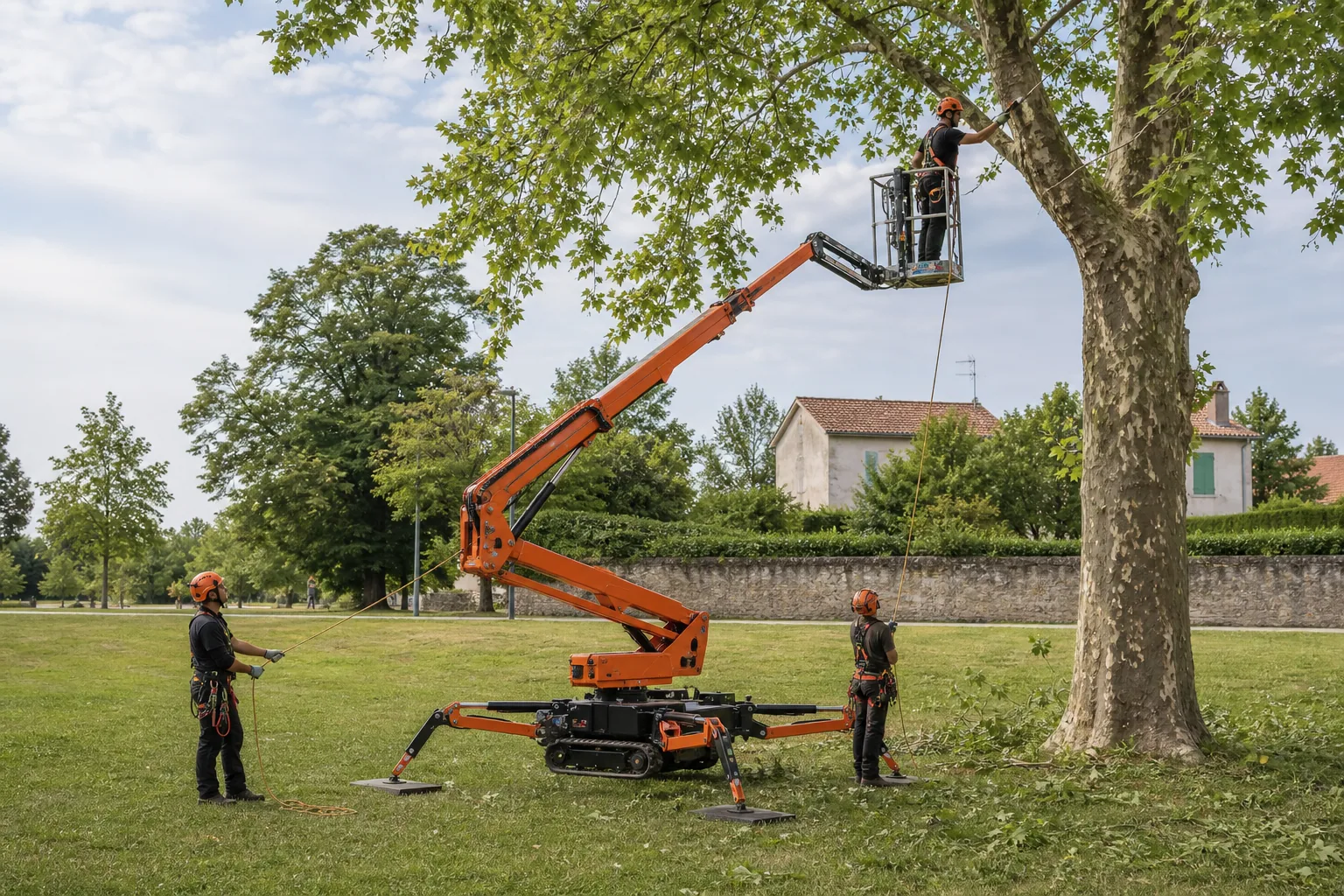 Trois arboristes élaguent un grand arbre depuis une nacelle sur chenilles stabilisée dans un parc.