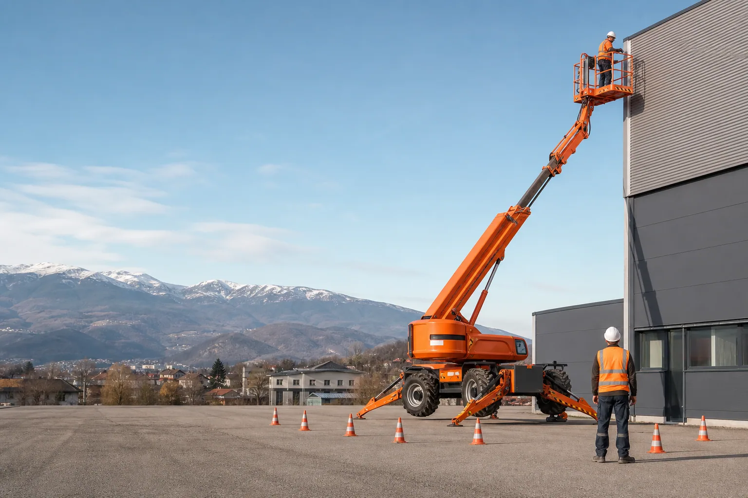 Une nacelle télescopique travaille sur un bâtiment industriel, avec une chaîne de montagnes enneigée à l’horizon.
