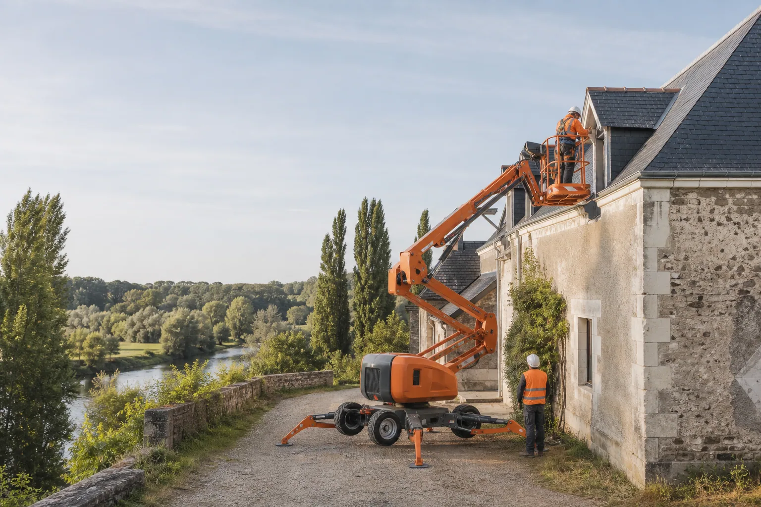 Une nacelle articulée élève un couvreur vers une toiture d’ardoise dans une vallée arborée de la Loire.