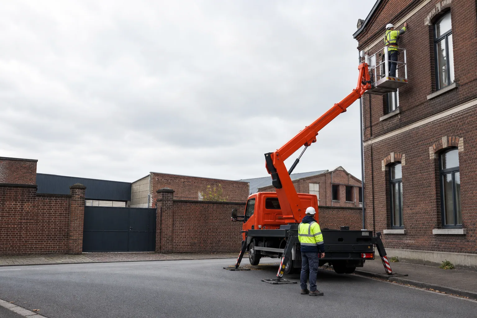 Un camion nacelle travaille sur une façade de brique rouge dans une cour industrielle des Hauts-de-France.
