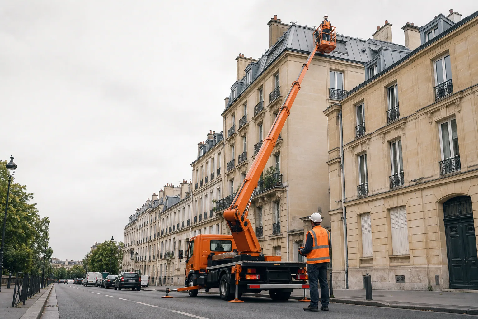 Un camion nacelle intervient sur une façade haussmannienne, avec des immeubles parisiens et des toits de zinc en arrière-plan.