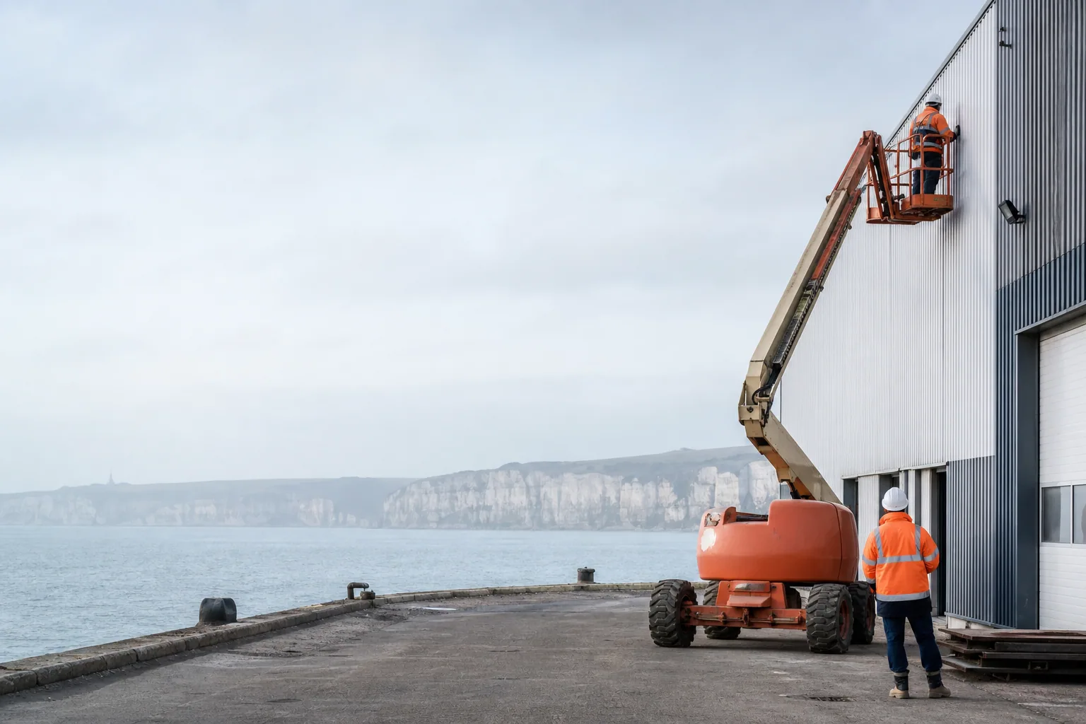 Une nacelle télescopique intervient sur un bâtiment portuaire avec des falaises de craie normandes en arrière-plan.