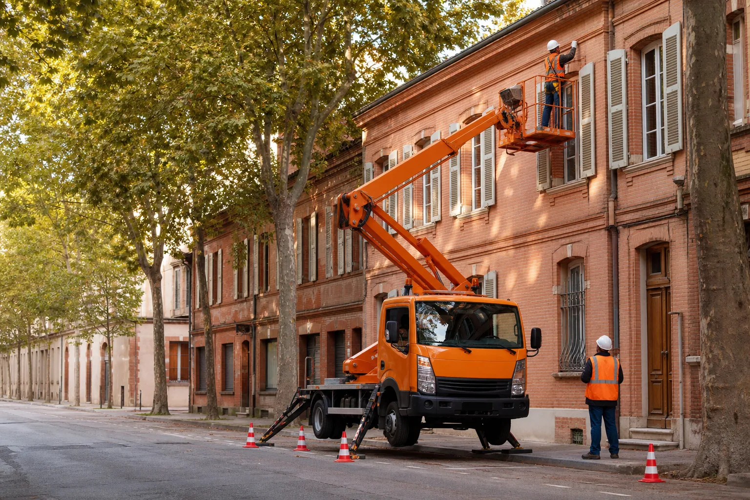 Un camion nacelle travaille sur une façade de brique rose bordée de platanes en Occitanie.