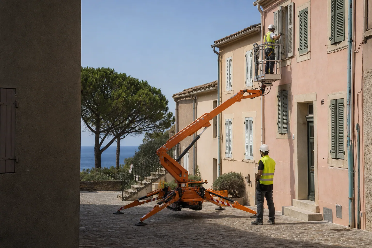 Une nacelle araignée élève un façadier devant des façades pastel, avec des pins et la Méditerranée au loin.
