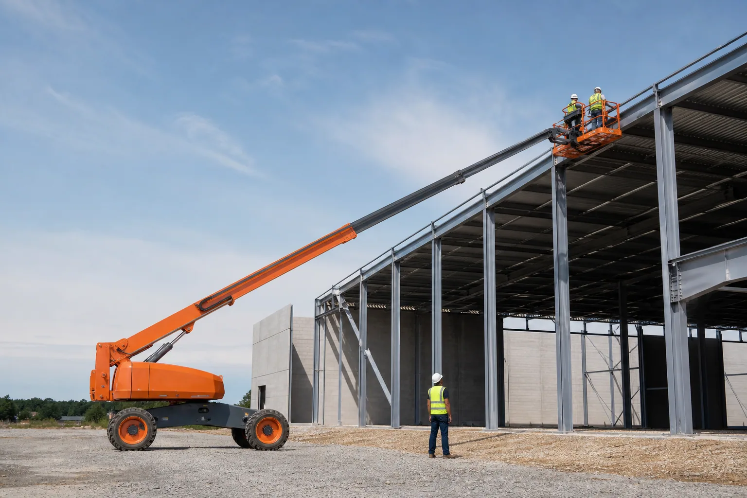 Une nacelle télescopique à grandes roues déploie son bras droit jusqu’à la charpente d’un bâtiment industriel.