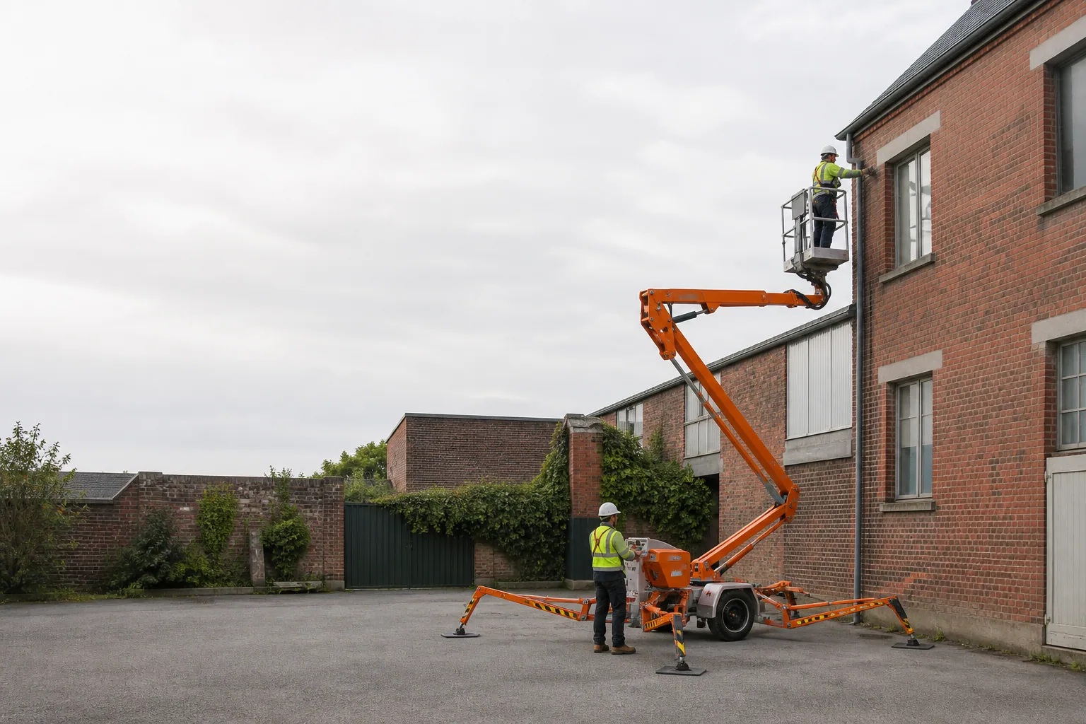 Une nacelle élévatrice orange intervient sur un bâtiment avec un technicien dans le panier et un opérateur au sol, dans le secteur de Abbeville.
