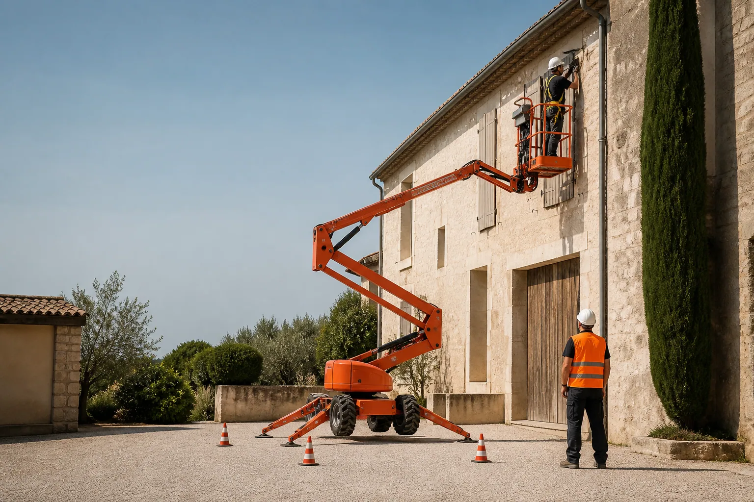 Une nacelle élévatrice orange intervient sur un bâtiment avec un technicien dans le panier et un opérateur au sol, dans le secteur de Aix-en-Provence.