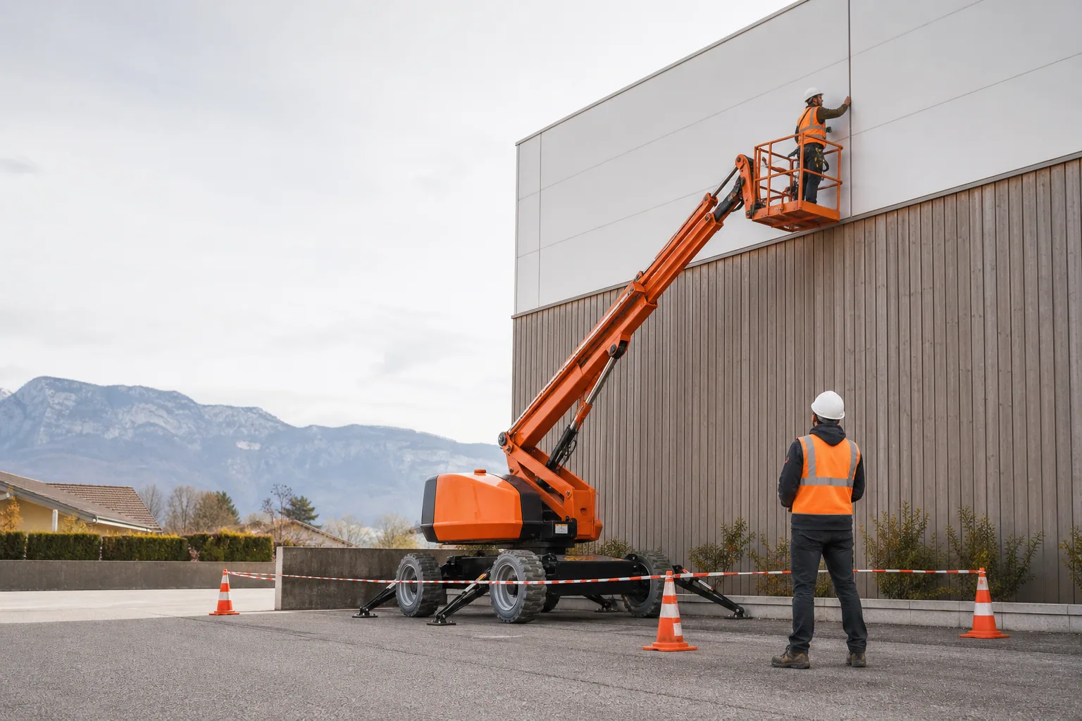 Une nacelle élévatrice orange intervient sur un bâtiment avec un technicien dans le panier et un opérateur au sol, dans le secteur de Albertville.