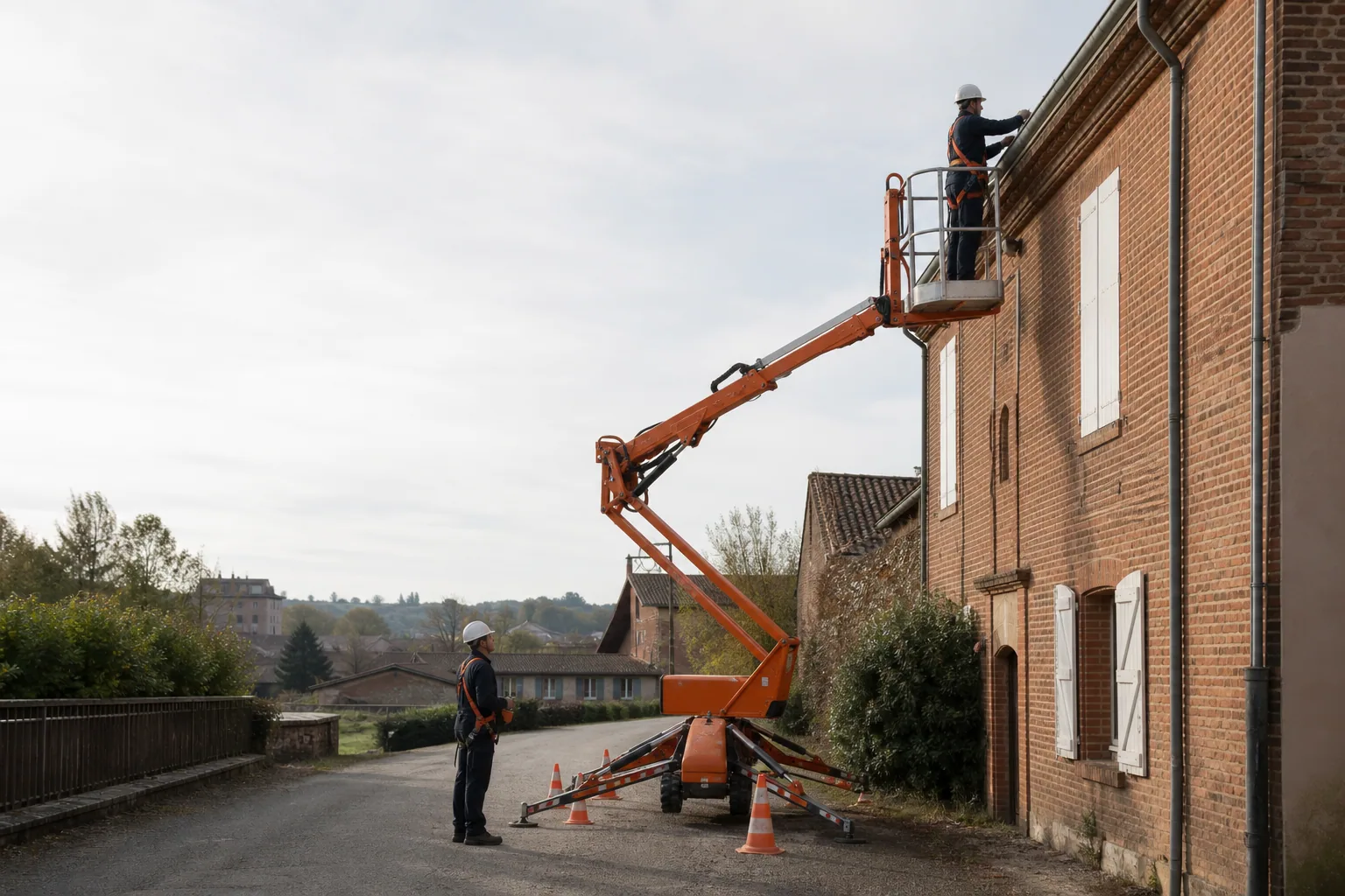Une nacelle élévatrice orange intervient sur un bâtiment avec un technicien dans le panier et un opérateur au sol, dans le secteur de Albi.