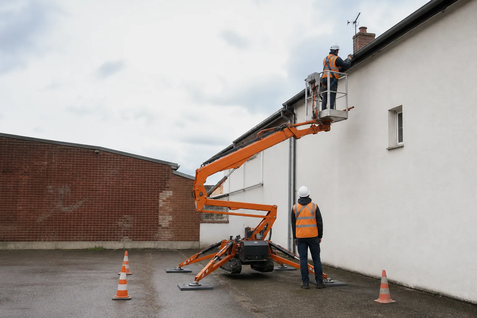 Une nacelle élévatrice orange intervient sur un bâtiment avec un technicien dans le panier et un opérateur au sol, dans le secteur de Amiens.