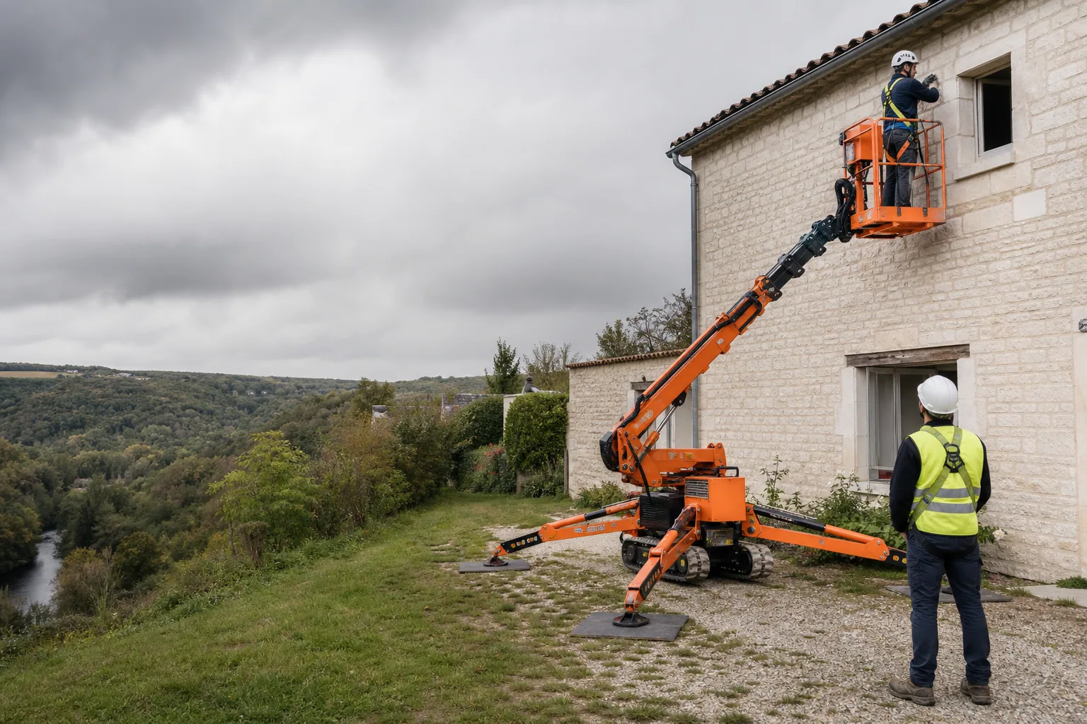 Une nacelle élévatrice orange intervient sur un bâtiment avec un technicien dans le panier et un opérateur au sol, dans le secteur de Angoulême.