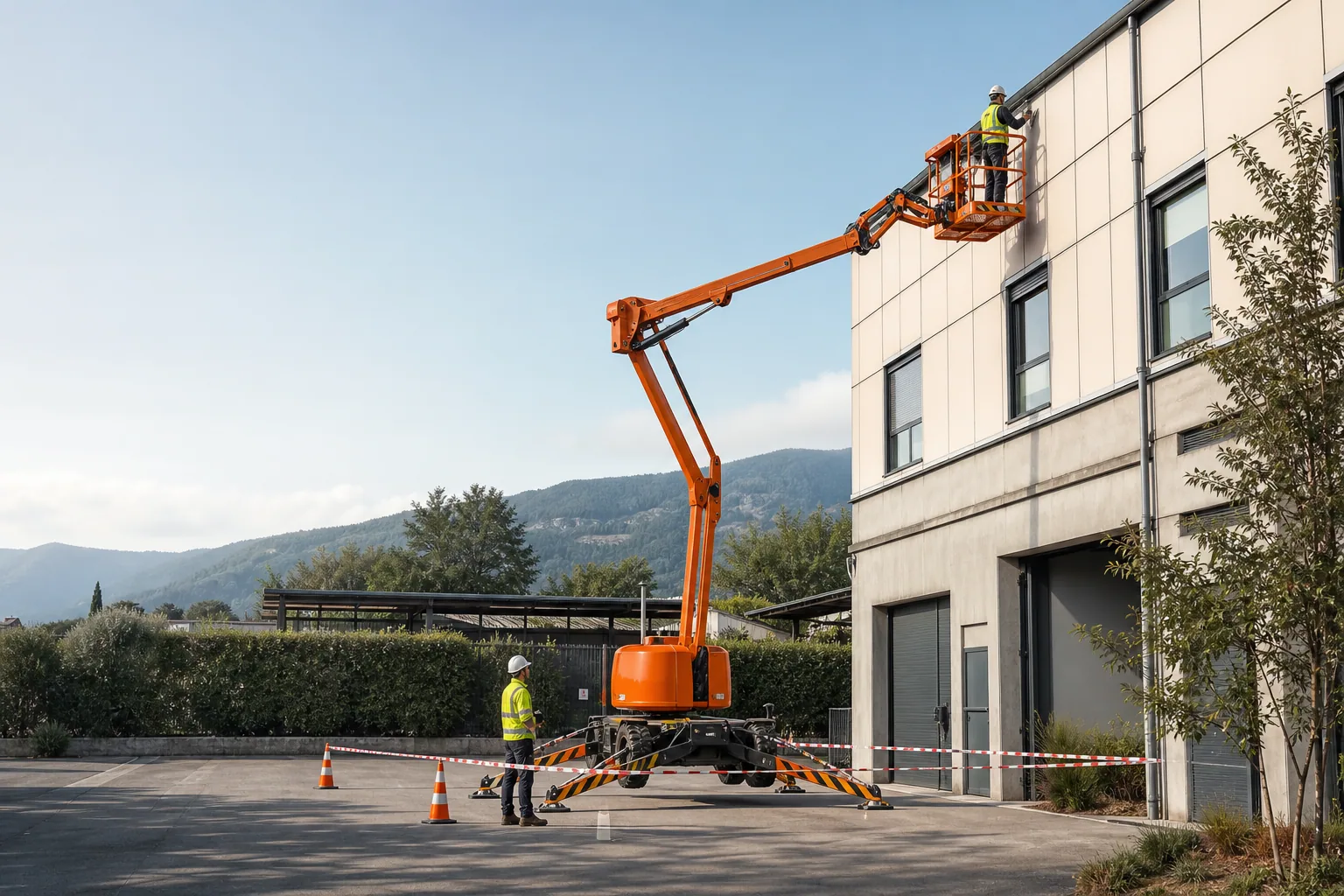 Une nacelle élévatrice orange intervient sur un bâtiment avec un technicien dans le panier et un opérateur au sol, dans le secteur de Annecy.