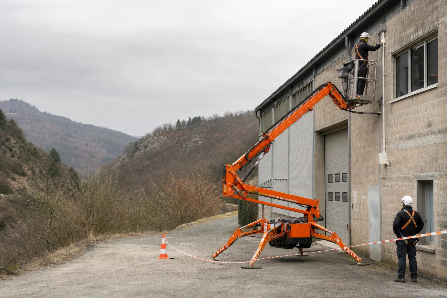 Une nacelle élévatrice orange intervient sur un bâtiment avec un technicien dans le panier et un opérateur au sol, dans le secteur de Annonay.
