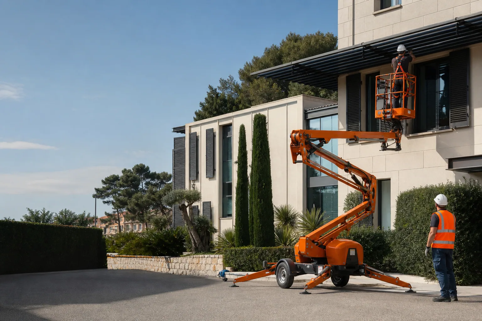 Une nacelle élévatrice orange intervient sur un bâtiment avec un technicien dans le panier et un opérateur au sol, dans le secteur de Antibes.
