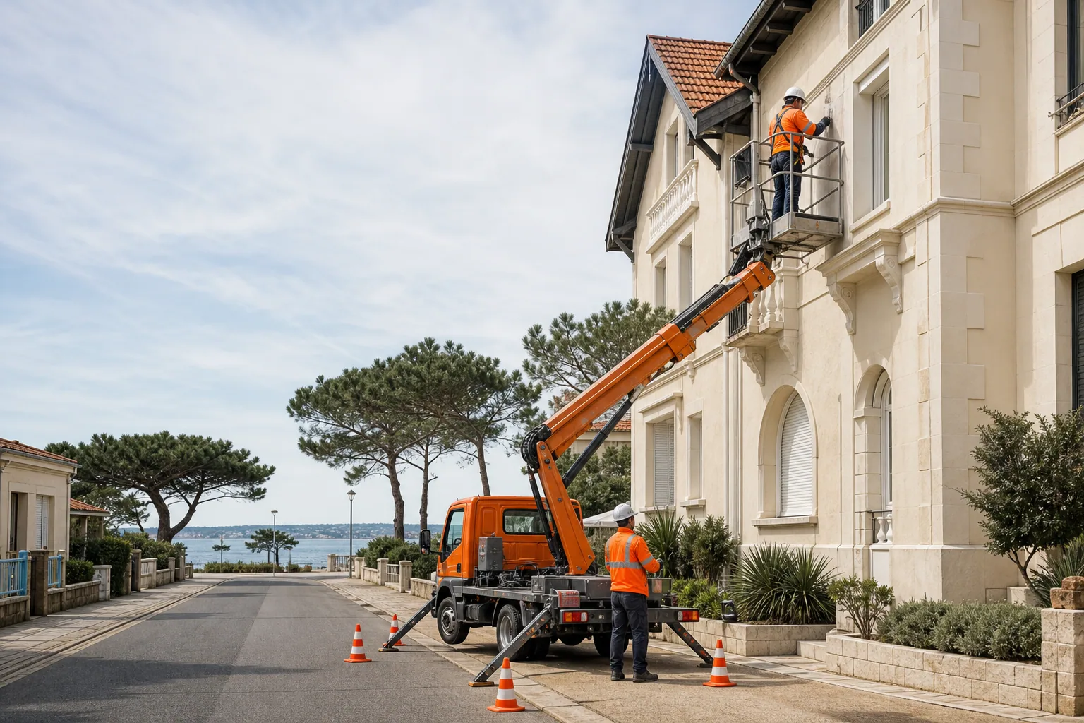 Une nacelle élévatrice orange intervient sur un bâtiment avec un technicien dans le panier et un opérateur au sol, dans le secteur de Arcachon.