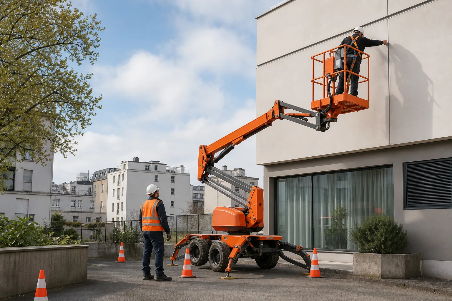 Une nacelle élévatrice orange intervient sur un bâtiment avec un technicien dans le panier et un opérateur au sol, dans le secteur de Argenteuil.