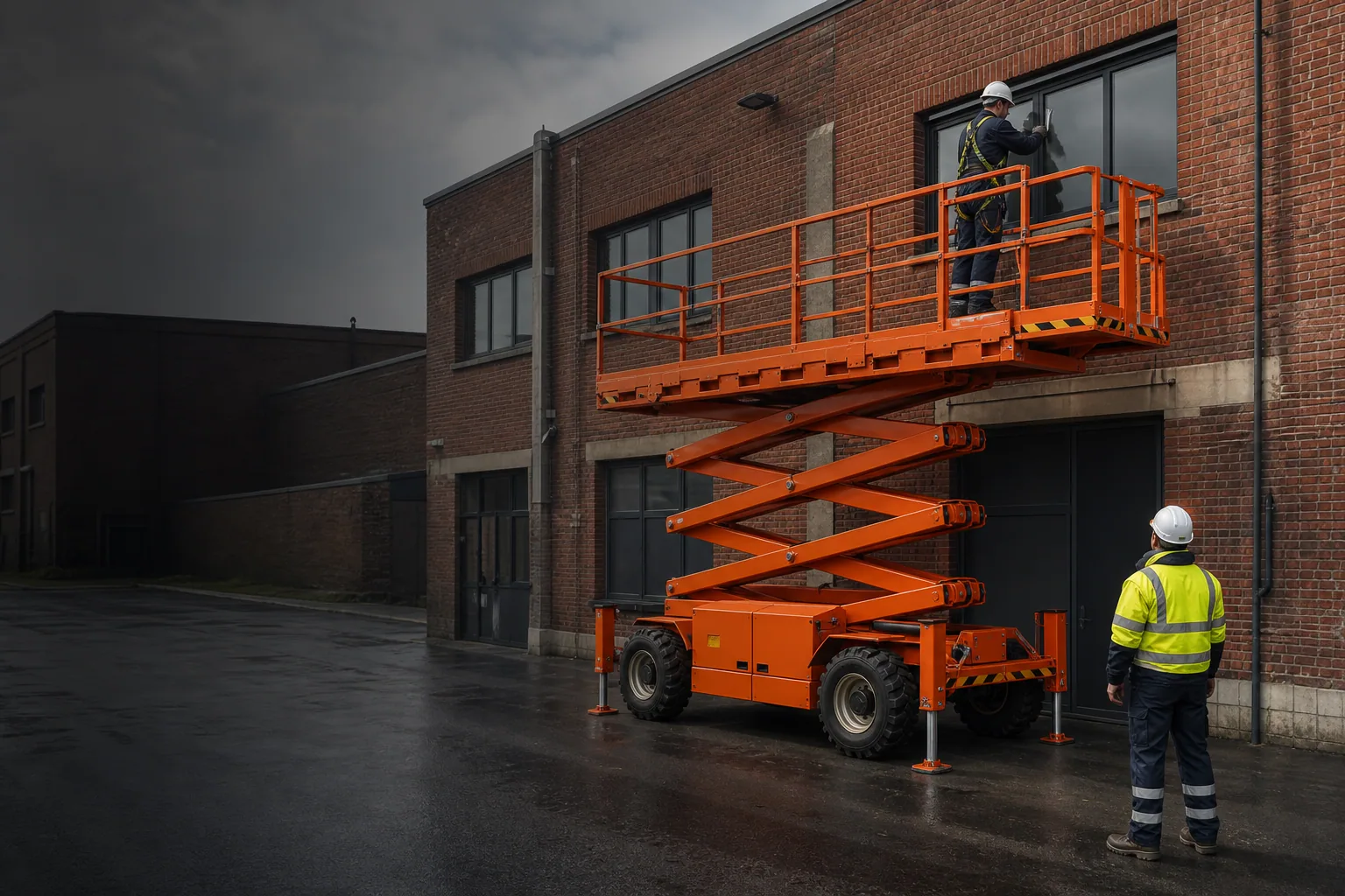 Une nacelle élévatrice orange intervient sur un bâtiment avec un technicien dans le panier et un opérateur au sol, dans le secteur de Arras.
