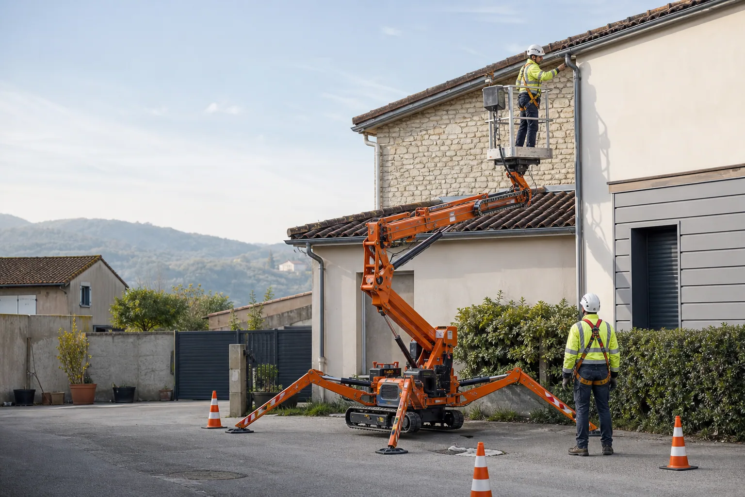 Une nacelle élévatrice orange intervient sur un bâtiment avec un technicien dans le panier et un opérateur au sol, dans le secteur de Aubenas.