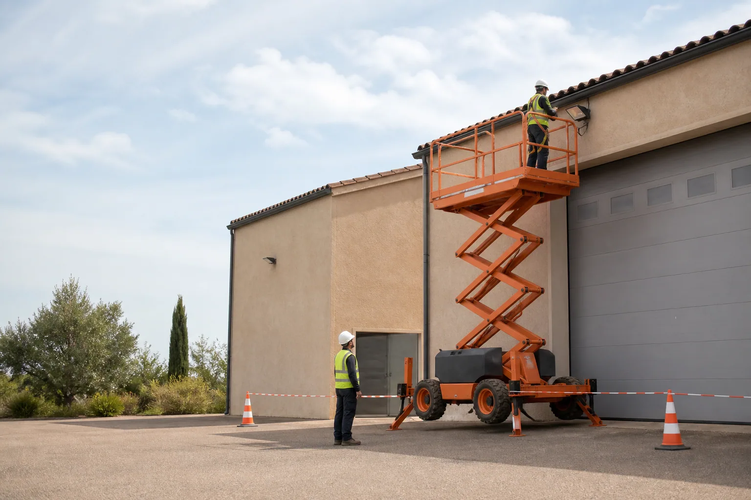 Une nacelle élévatrice orange intervient sur un bâtiment avec un technicien dans le panier et un opérateur au sol, dans le secteur de Auch.