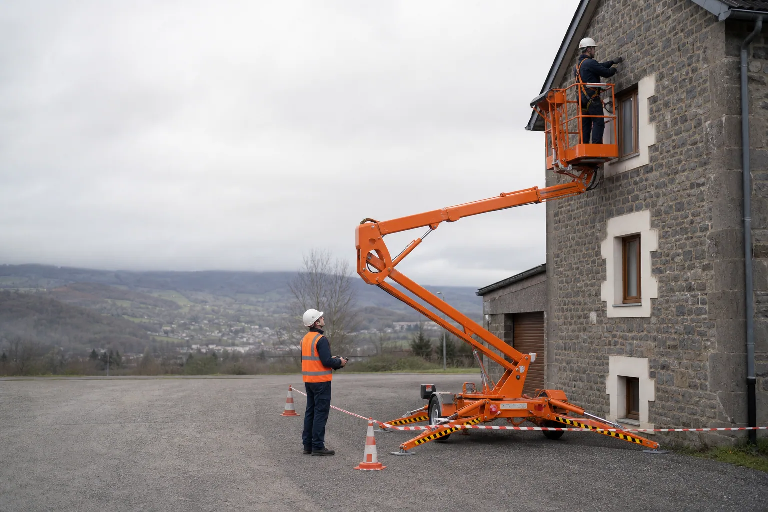 Une nacelle élévatrice orange intervient sur un bâtiment avec un technicien dans le panier et un opérateur au sol, dans le secteur de Aurillac.