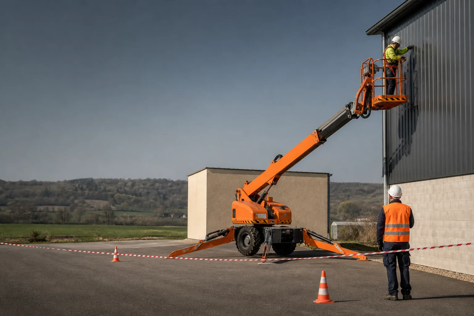 Une nacelle élévatrice orange intervient sur un bâtiment avec un technicien dans le panier et un opérateur au sol, dans le secteur de Auxerre.