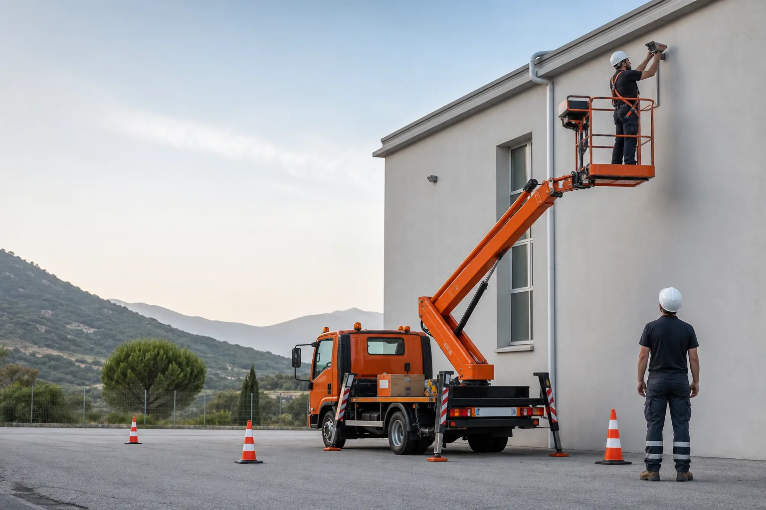 Une nacelle élévatrice orange intervient sur un bâtiment avec un technicien dans le panier et un opérateur au sol, dans le secteur de Bastia.