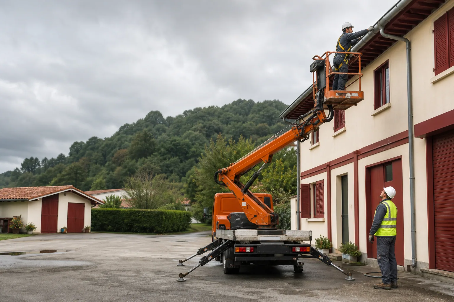 Une nacelle élévatrice orange intervient sur un bâtiment avec un technicien dans le panier et un opérateur au sol, dans le secteur de Bayonne.