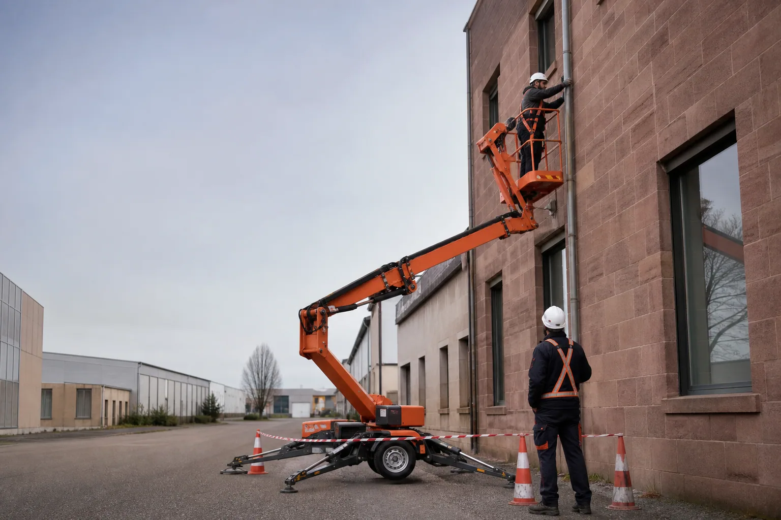 Une nacelle élévatrice orange intervient sur un bâtiment avec un technicien dans le panier et un opérateur au sol, dans le secteur de Belfort.