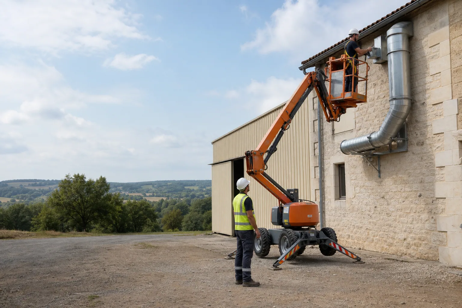 Une nacelle élévatrice orange intervient sur un bâtiment avec un technicien dans le panier et un opérateur au sol, dans le secteur de Bergerac.