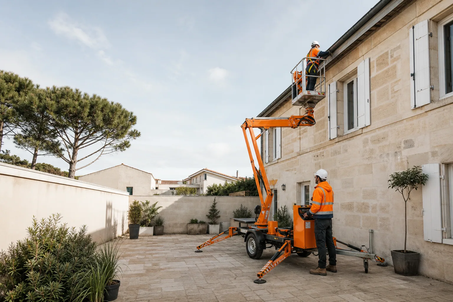 Une nacelle élévatrice orange intervient sur un bâtiment avec un technicien dans le panier et un opérateur au sol, dans le secteur de Bordeaux.