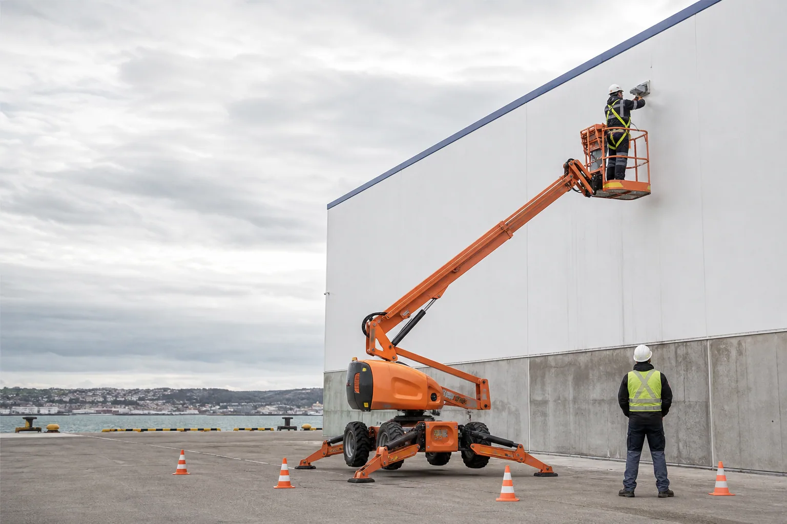 Une nacelle élévatrice orange intervient sur un bâtiment avec un technicien dans le panier et un opérateur au sol, dans le secteur de Boulogne-sur-Mer.