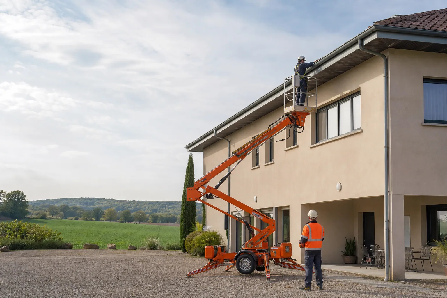 Une nacelle élévatrice orange intervient sur un bâtiment avec un technicien dans le panier et un opérateur au sol, dans le secteur de Bourg-en-Bresse.