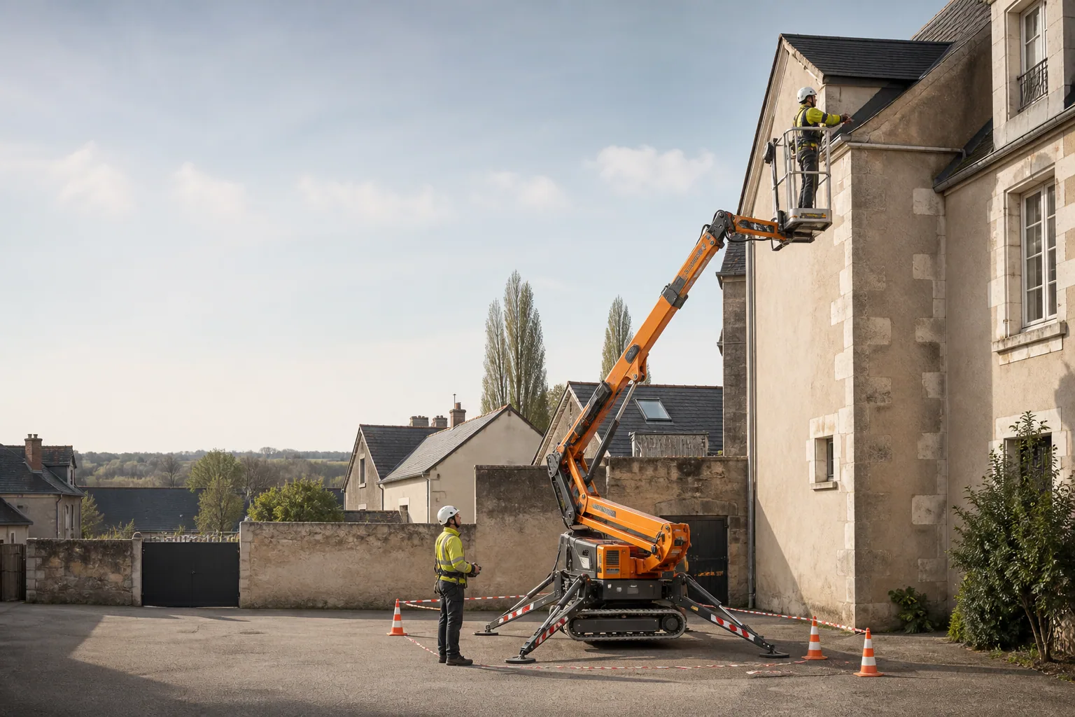 Une nacelle élévatrice orange intervient sur un bâtiment avec un technicien dans le panier et un opérateur au sol, dans le secteur de Bourges.