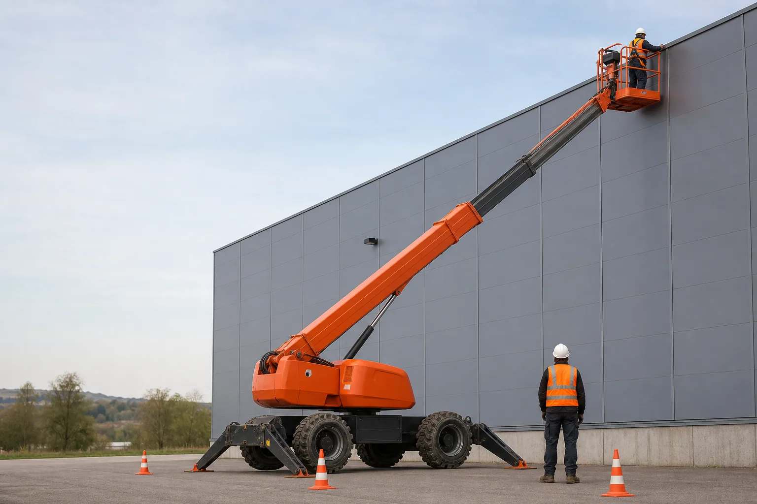 Une nacelle élévatrice orange intervient sur un bâtiment avec un technicien dans le panier et un opérateur au sol, dans le secteur de Bourgoin-Jallieu.