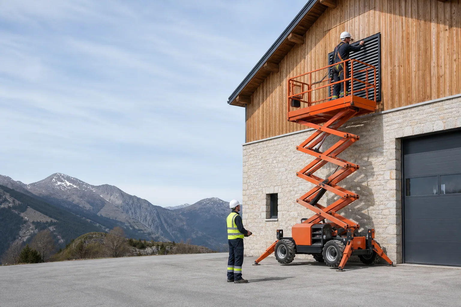 Une nacelle élévatrice orange intervient sur un bâtiment avec un technicien dans le panier et un opérateur au sol, dans le secteur de Briançon.