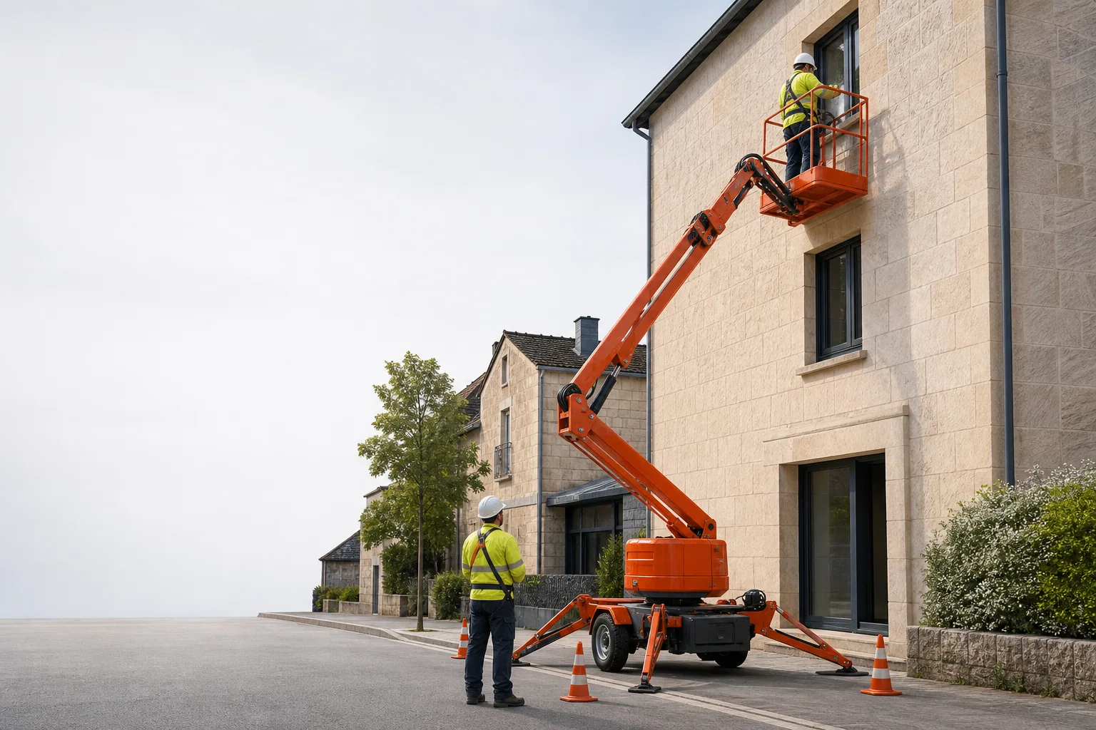 Une nacelle élévatrice orange intervient sur un bâtiment avec un technicien dans le panier et un opérateur au sol, dans le secteur de Brive-la-Gaillarde.