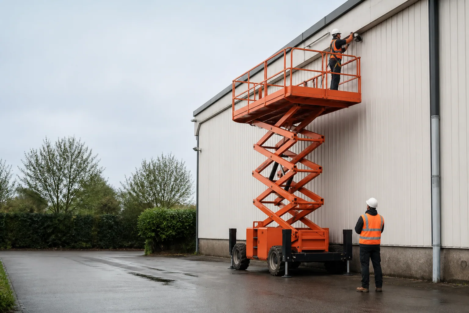 Une nacelle élévatrice orange intervient sur un bâtiment avec un technicien dans le panier et un opérateur au sol, dans le secteur de Caen.