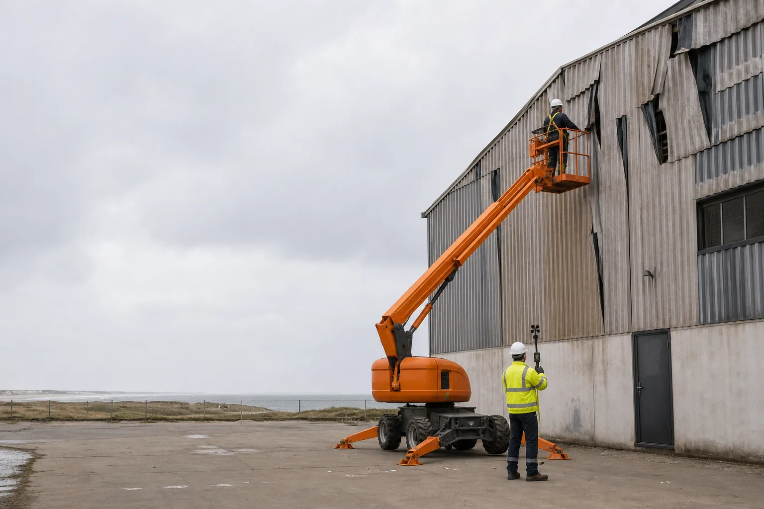 Une nacelle élévatrice orange intervient sur un bâtiment avec un technicien dans le panier et un opérateur au sol, dans le secteur de Calais.