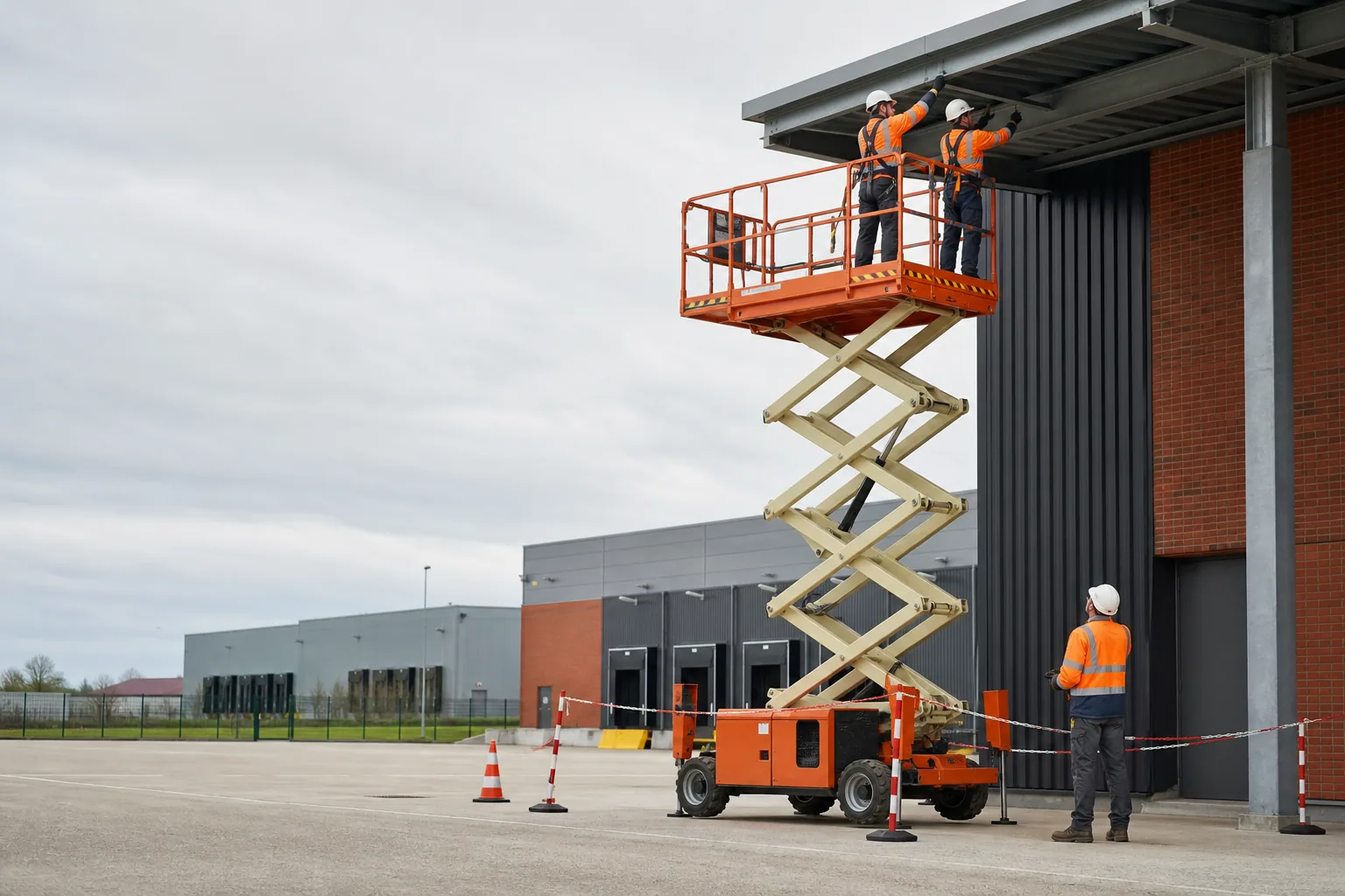 Une nacelle élévatrice orange intervient sur un bâtiment avec un technicien dans le panier et un opérateur au sol, dans le secteur de Cambrai.