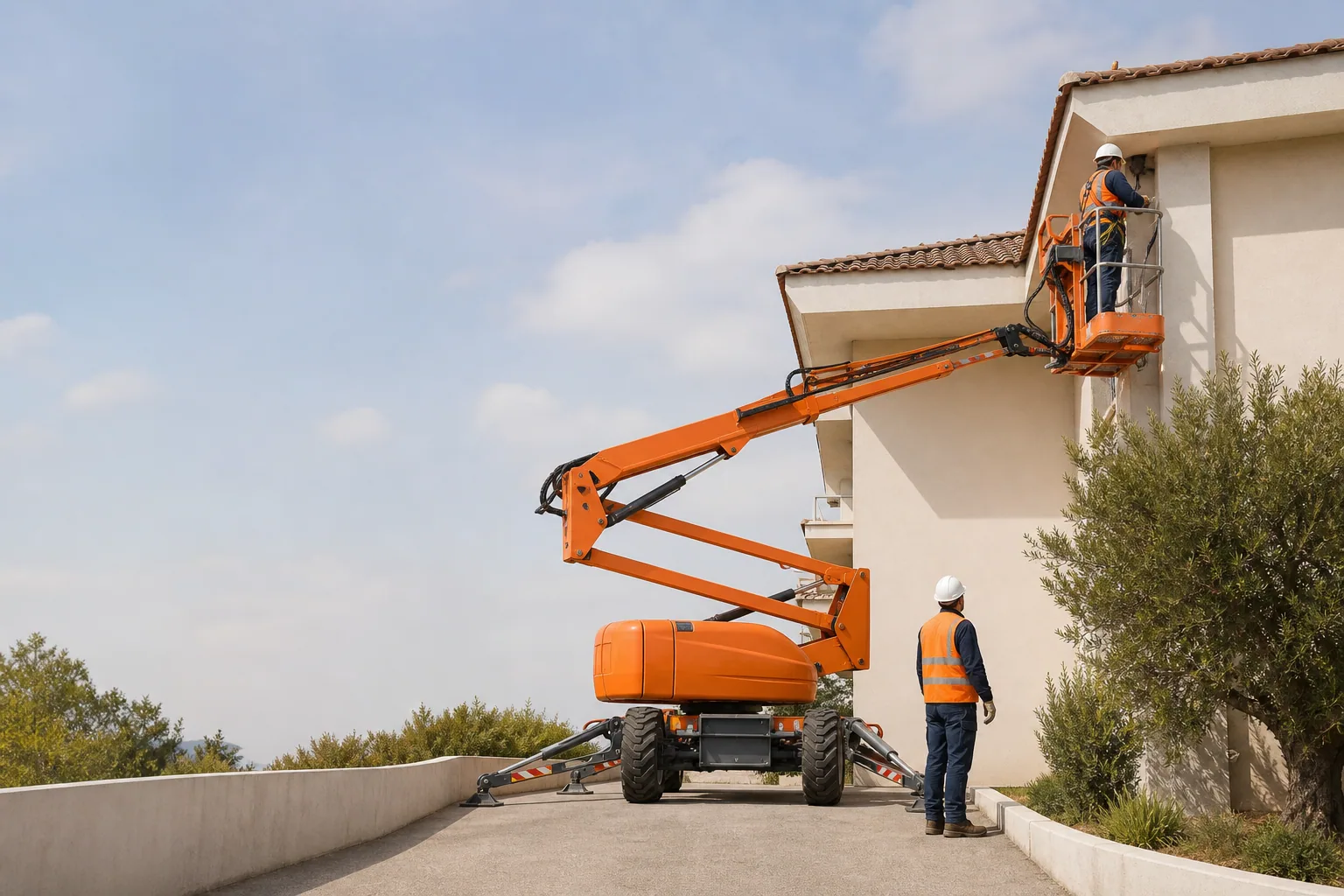Une nacelle élévatrice orange intervient sur un bâtiment avec un technicien dans le panier et un opérateur au sol, dans le secteur de Cannes.