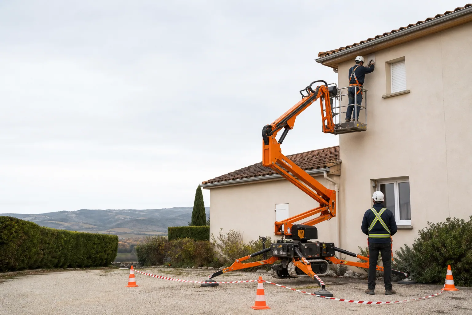 Une nacelle élévatrice orange intervient sur un bâtiment avec un technicien dans le panier et un opérateur au sol, dans le secteur de Carcassonne.