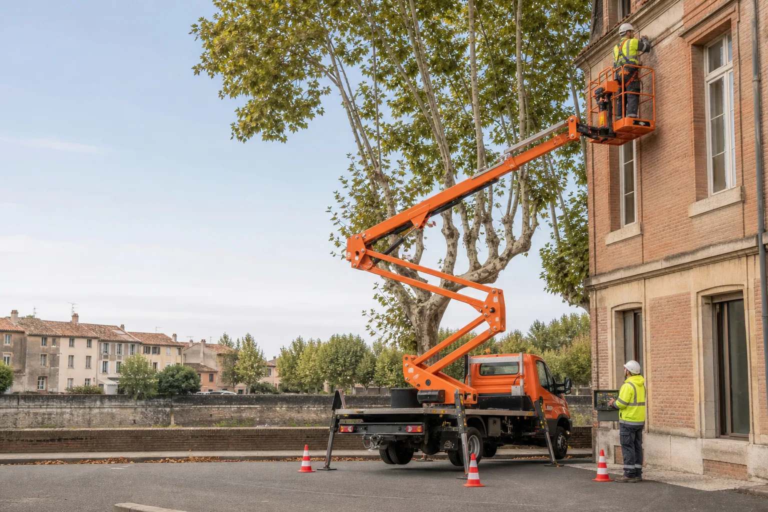 Une nacelle élévatrice orange intervient sur un bâtiment avec un technicien dans le panier et un opérateur au sol, dans le secteur de Castres.