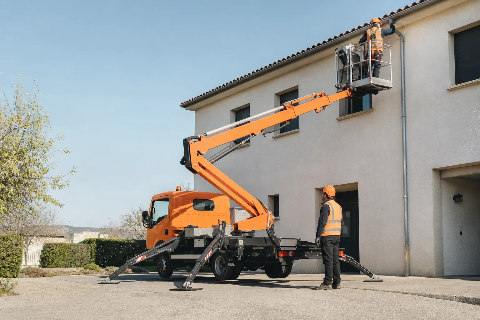 Une nacelle élévatrice orange intervient sur un bâtiment avec un technicien dans le panier et un opérateur au sol, dans le secteur de Cavaillon.